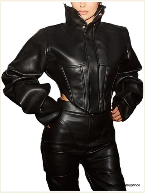 Jackets & Blazers - Faux Leather Crop Bomber Jacket Zip Up Motorcycle Y2K Streetwear